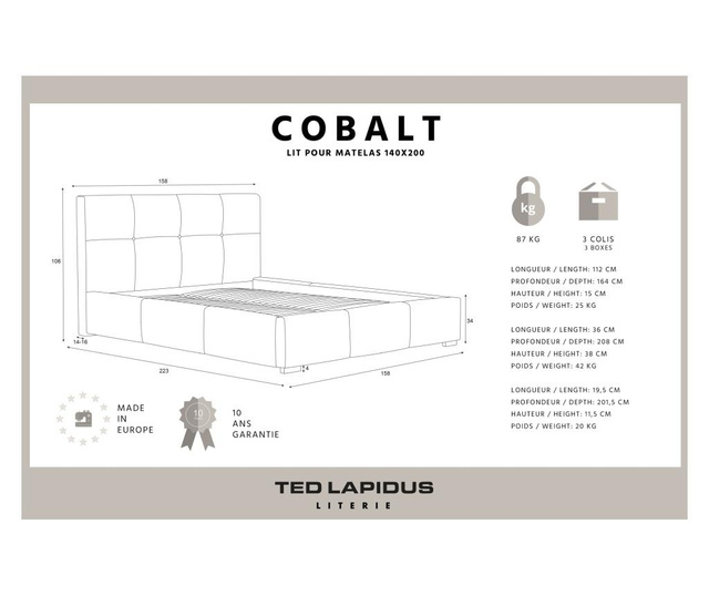 Легло Cobalt Light Grey 140x200 см