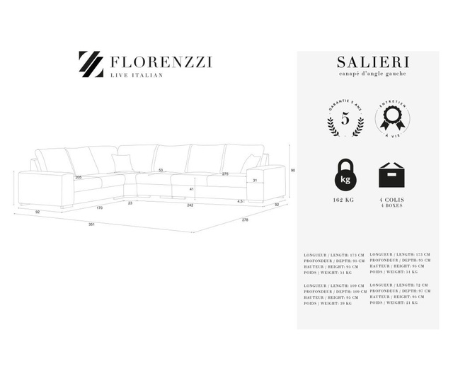 Coltar stanga Florenzzi, Salieri Turquoise, turcoaz, 351x278x90 cm