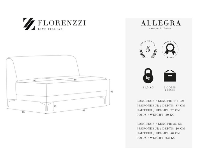 Allegra Grey Kétszemélyes kanapé