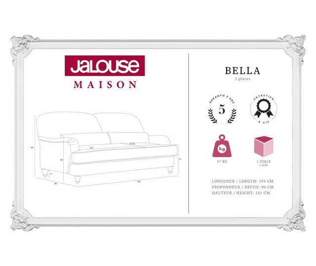 Bella Cream Háromszemélyes kanapé