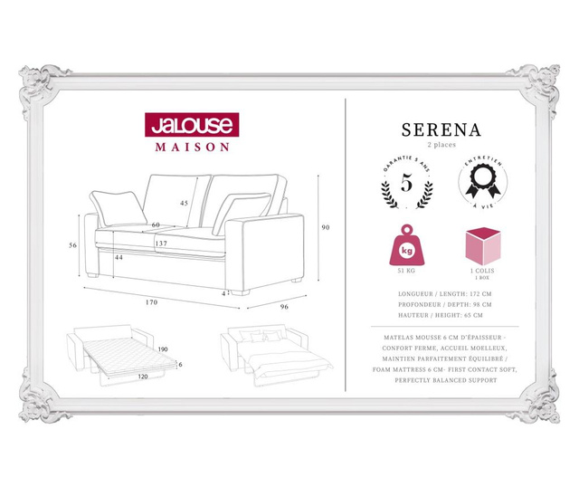 Canapea extensibila 2 locuri Jalouse Maison, Serena Lilac, lila, 170x96x90 cm