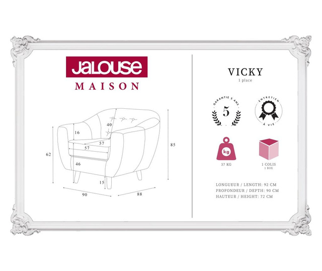 Fotoliu Jalouse Maison, Vicky Light Grey, gri deschis, 90x88x85 cm