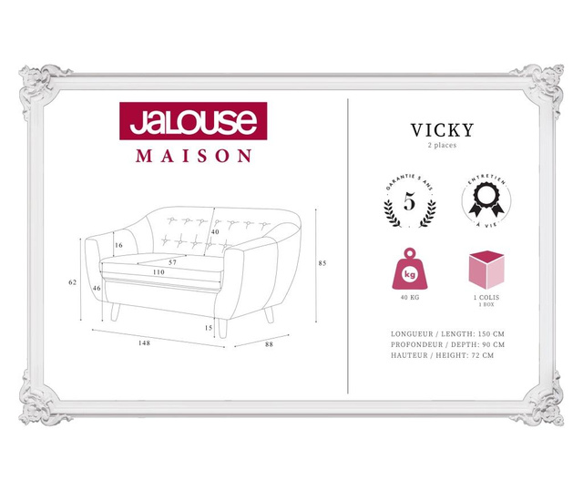 Canapea 2 locuri Jalouse Maison, Vicky Black, negru, 148x88x85 cm