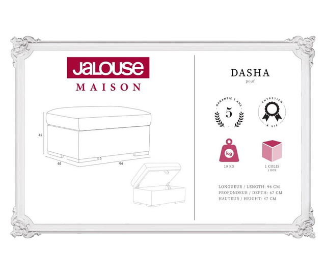Puf Jalouse Maison, Dasha, crem, 94x45x65 cm
