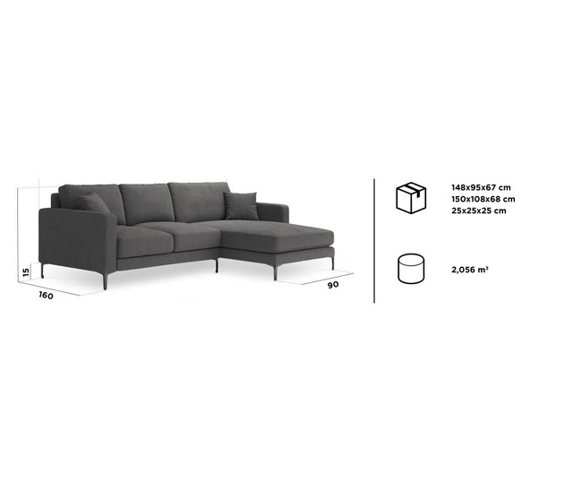 Desna kutna sofa  za 4 osobe Poeme Dark Grey Black Legs