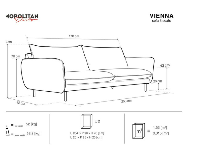 Canapea 3 locuri Cosmopolitan Design, Vienna Light Beige, bej deschis, 95x200x92 cm