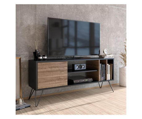 RESIGILAT Comoda TV Zena Home, Mistico, picioare din 100% MDF si metal laminat, 140x58x36 cm, maro nuc/negru