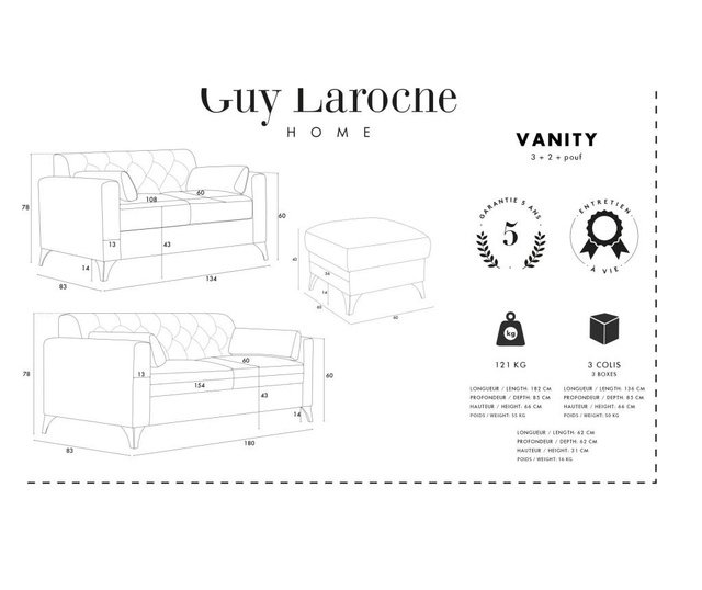 Vanity Háromszemélyes kanapé, kétszemélyes kanapé és zsámoly