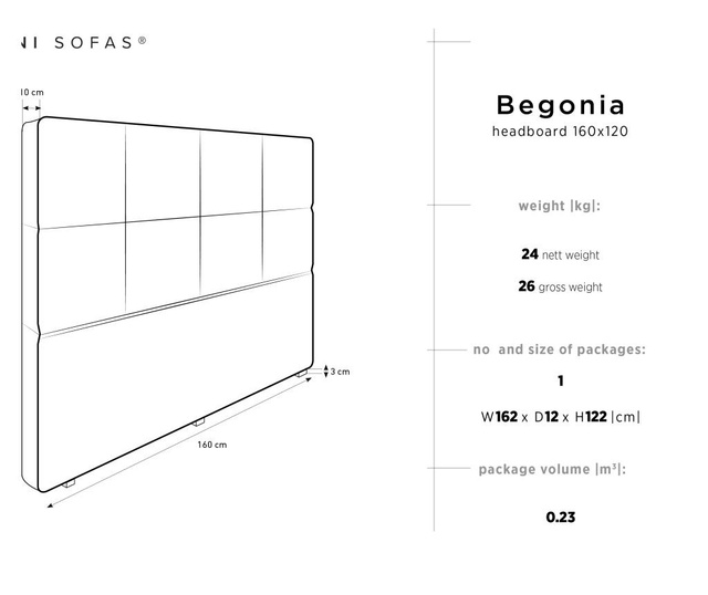 Uzglavlje kreveta Begonia Light Grey 160 cm