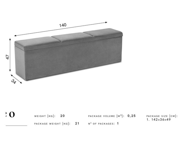 Ukrasna klupa sa spremištem Enrico Light Grey 140 cm