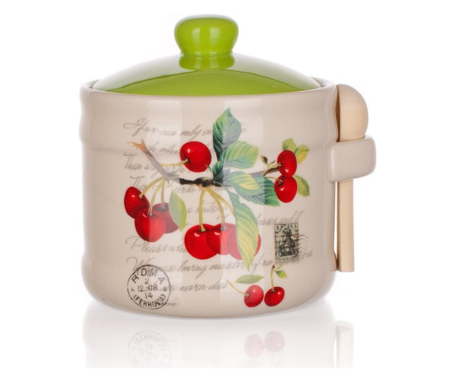 Recipient cu capac si lingurita Banquet, Cherry, ceramica, multicolor, 400 ml