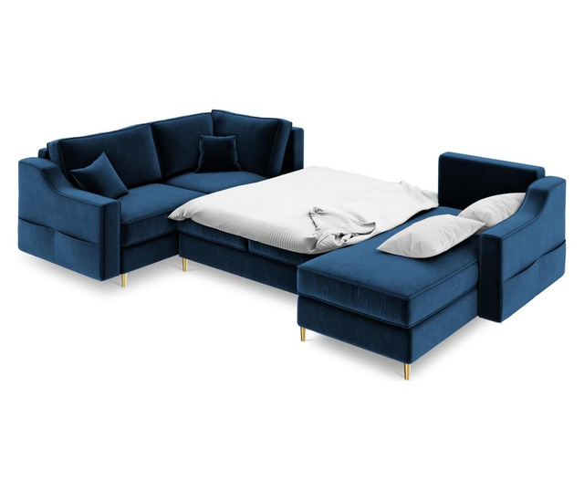 Разтегателен ляв ъглов диван Marigold Panoramic Velvet Royal Blue and Yellow Gold Six