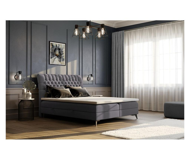 Pat cu saltea si tablie de pat Maison De Reve, Madison Grey, Tablie de pat: cadru din lemn, 180x200 cm