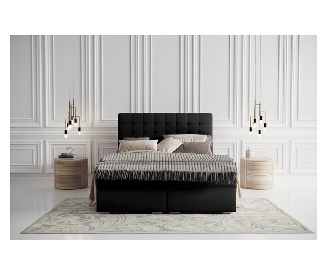 Pat boxspring cu spatiu pentru depozitare Maison De Reve, Sansa Black Silver, tablie de pat: rama din lemn, 180x200 cm, negru