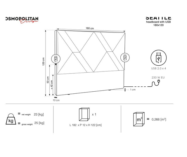 Uzglavlje kreveta s 4 USB priključka Seattle Black 120x180 cm