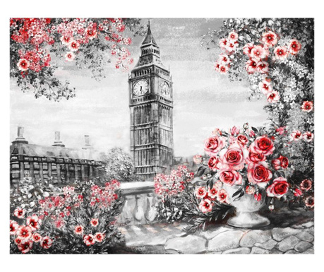 Tablou Canvas, Turnul Londrei, Flori, Trandafiri, 80 x 60 cm, Rama lemn, Multicolor  60x80 cm