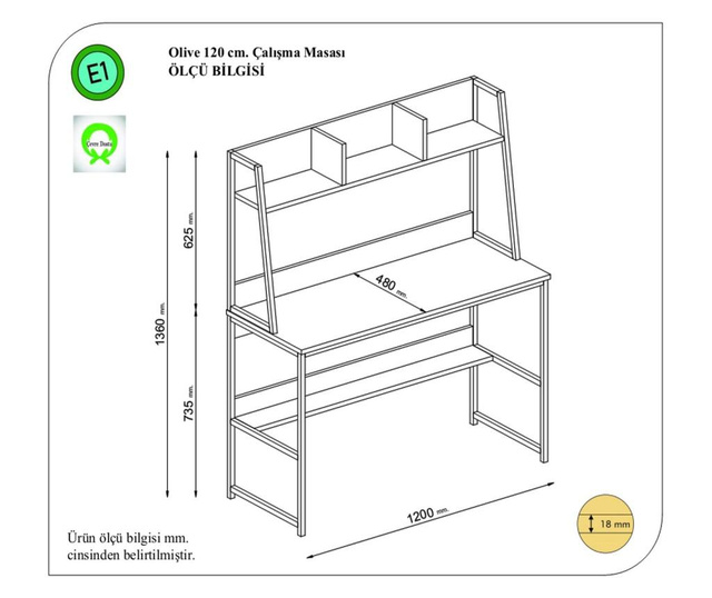 Birou Oyo Concept, Olive, PAL, 50x120x125 cm, maro deschis