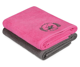 Set 2 prosoape de baie Beverly Hills Polo Club, bumbac, 480 gr/m², 70x140 cm, gri inchis/fucsia