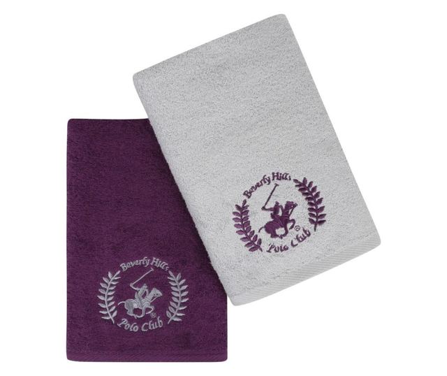 Set 2 prosoape de baie Beverly Hills Polo Club, bumbac, 480 gr/m², 50x90 cm, mov/gri deschis
