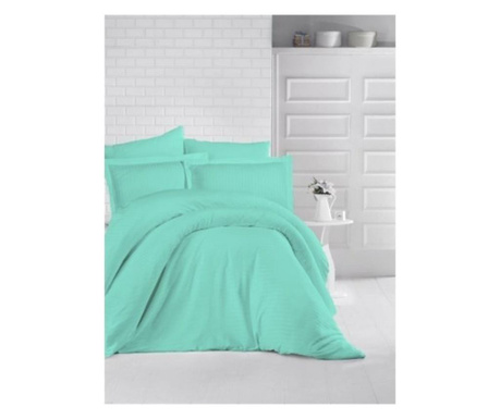 Lenjerie de pat pentru o persoana cu husa de perna dreptunghiulara, elegance, damasc, dunga 1 cm 130 g/mp, turcoaz/verde, bumbac