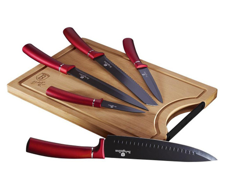 Комплект 6 ножа с бамбукова дъска за рязане Metallic Line- Burgundy