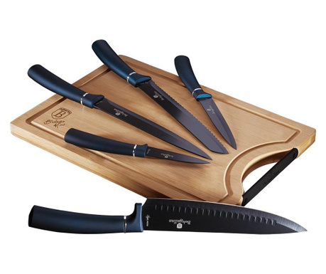 Комплект 5 ножа с бамбукова дъска за рязане Metallic Line Aquamarine