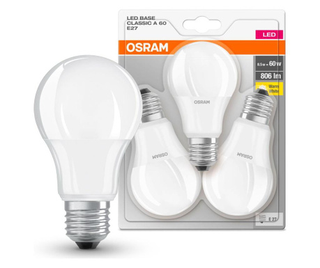 Set 3 becuri LED Osram, plastic, A-shape, E27, transparent, 6x6x11 cm