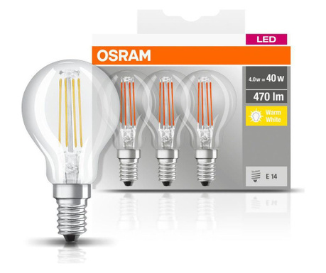 Set 3 becuri LED Osram, sticla, P-shape, E14, transparent, 5x5x8 cm
