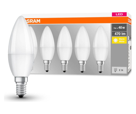 Set 5 becuri LED Osram, plastic, B-shape, E14, transparent, 4x4x11 cm