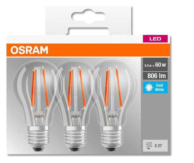 Set 3 becuri LED Osram, sticla, A-shape, E27, transparent, 6x6x11 cm