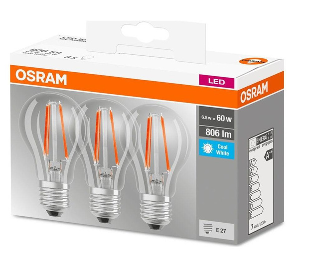 Set 3 becuri LED Osram, sticla, A-shape, E27, transparent, 6x6x11 cm