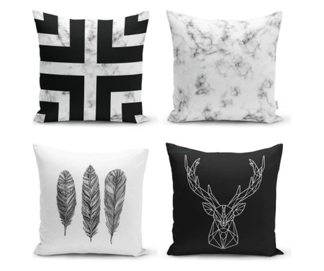 Sada 4 povlaků na polštáře Minimalist Cushion Covers Black White Marble Deer Plume Geometri 45x45 cm