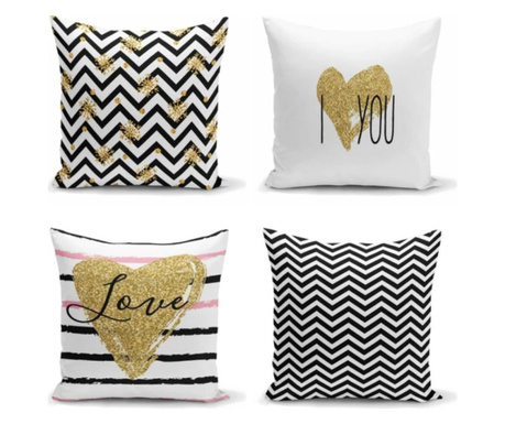 Set 4 jastučnice Minimalist Cushion Covers Black White Zigzag Love Heart Gold 45x45 cm