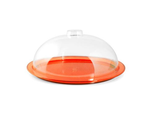Suport pentru prajituri Home, plastic, transparent/portocaliu, 34x34x14 cm
