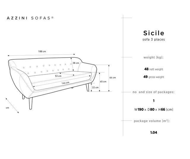 Sicile Taupe Háromszemélyes kanapé