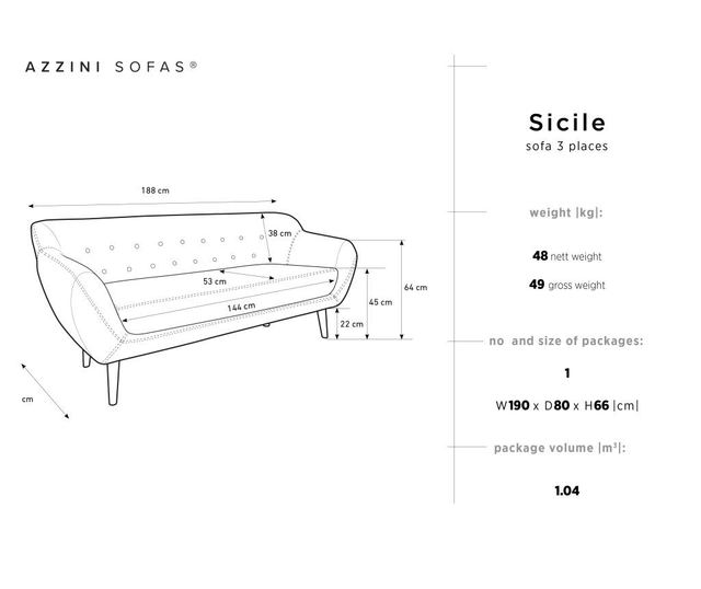 Sicile Light Grey Háromszemélyes kanapé