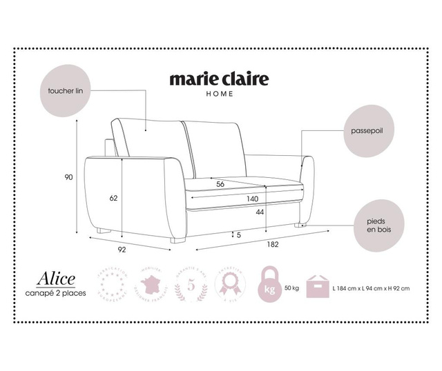 Canapea 2 locuri Marie Claire Home, Alice Blue Clair, albastru deschis, 182x92x90 cm