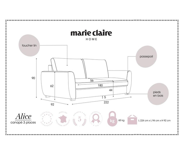 Canapea 3 locuri Marie Claire Home, Alice Blue Clair, albastru deschis, 222x92x90 cm