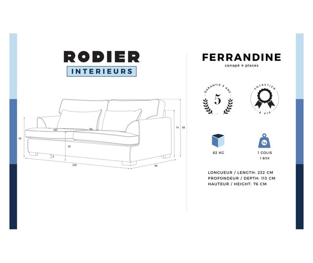 Sofa četvorosjed Ferrandine uni Cream