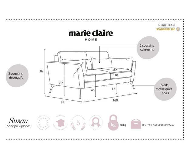 Canapea 2 locuri Marie Claire Home, Susan Pumpkin, portocaliu dovleac, 160x91x82 cm