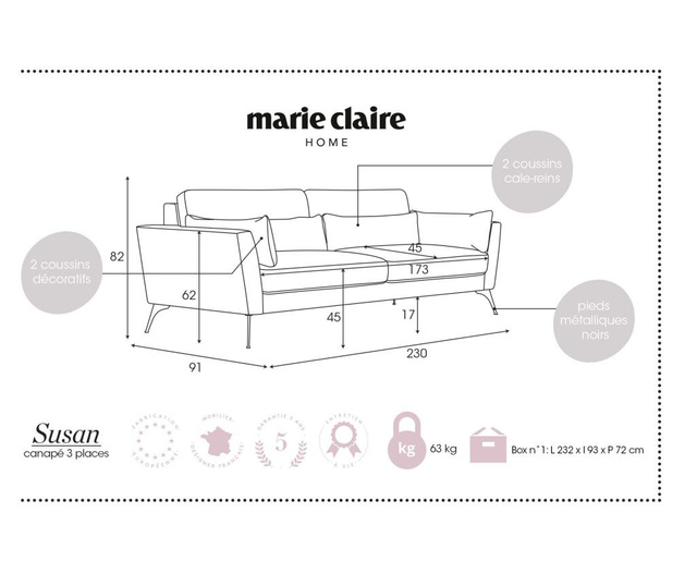 Canapea 3 locuri Marie Claire Home, Susan Pumpkin, portocaliu dovleac, 230x91x82 cm