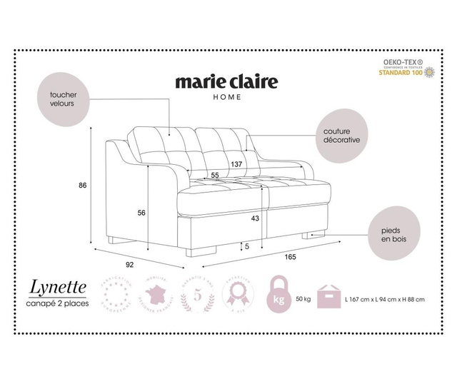 Canapea 2 locuri Marie Claire Home, Lynette Taupe, grej, 165x92x86 cm