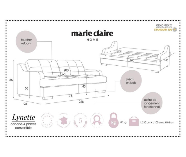 Canapea extensibila cu 4 locuri Marie Claire Home, Lynette Light Grey, gri deschis, 228x98x86 cm