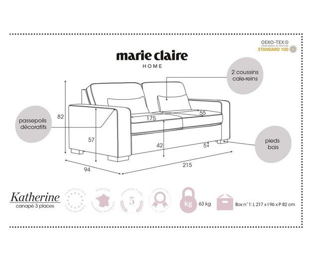 Canapea 3 locuri Marie Claire Home, Katherine Yellow, Pale Grey, galben/gri pal, 215x94x82 cm