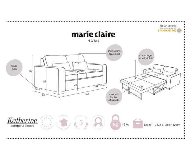 Canapea extensibila cu 2 locuri Marie Claire Home, Katherine  Grey, Pale Grey, gri/gri pal, 173x94x82 cm