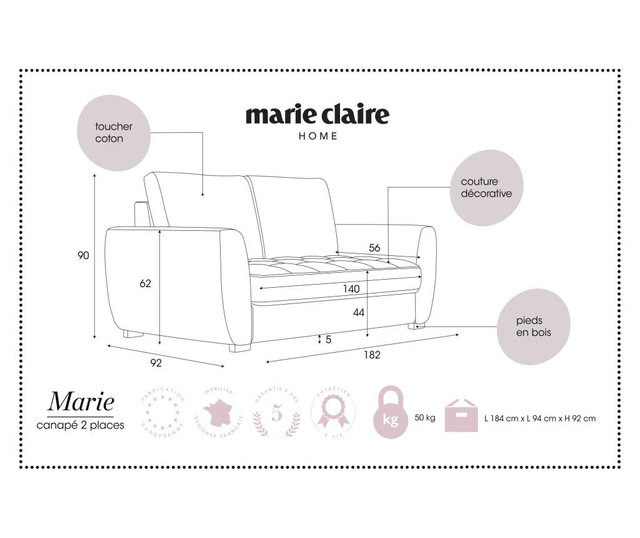 Canapea 2 locuri Marie Claire Home, Marie Beige, bej, 182x92x90 cm