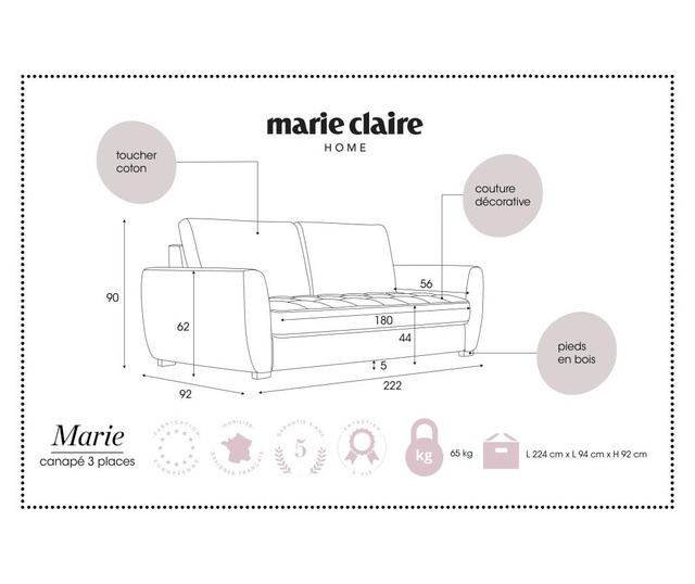 Canapea 3 locuri Marie Claire Home, Marie Light Grey, gri deschis, 222x92x90 cm