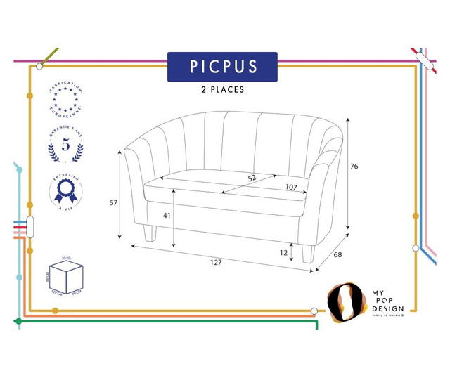 Picpus Light Grey Kétszemélyes kanapé
