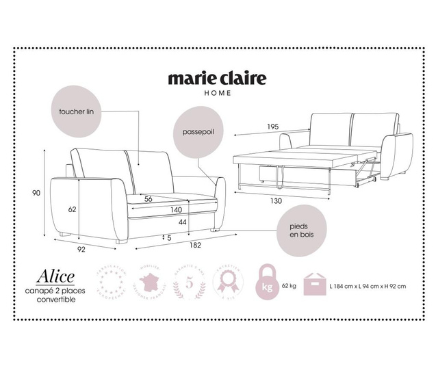 Canapea extensibila cu 2 locuri Marie Claire Home, Alice Prune, pruna, 182x92x90 cm