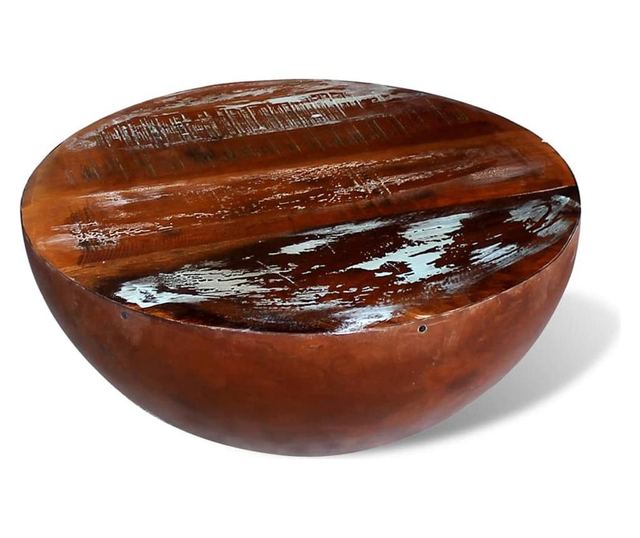 Măsuță cafea, formă de bol, bază din oțel, lemn masiv reciclat